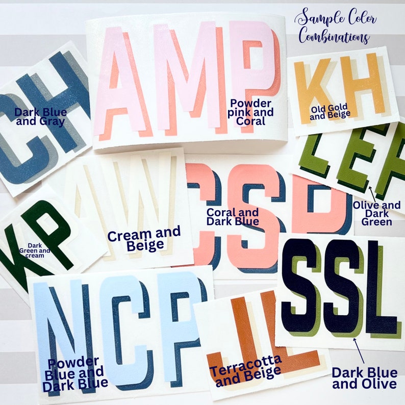 May include: A collection of color samples for vinyl lettering, showing different color combinations for the letters "CHAMP", "KH", "LEF", "SSL", "NCF", and "IL". The color combinations include dark blue and gray, powder pink and coral, old gold and beige, cream and beige, coral and dark blue, olive and dark green, powder blue and dark blue, terracotta and beige, and dark blue and olive.