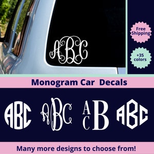 May include: A white monogram car decal with the letters ABC in a cursive font. The decal is shown on a blue car. The image also shows other monogram designs in different styles.