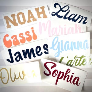 May include: A collection of vinyl stickers with various names written in different fonts and colors. The names include Noah, Cassi, James, Liam, Mariah, Gianna, Sophia, and Oliver.