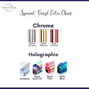 K&ouml;nnte beinhalten: Farbkarte f&uuml;r Spezial-Vinyl mit Chrom- und Hologramm-Oberfl&auml;chen. Chrom-Optionen umfassen Silber, Gold und Rose. Hologramm-Optionen umfassen Regenbogen, Opal-Hyazinthe, Opal-Pink und Holo-Blau.
