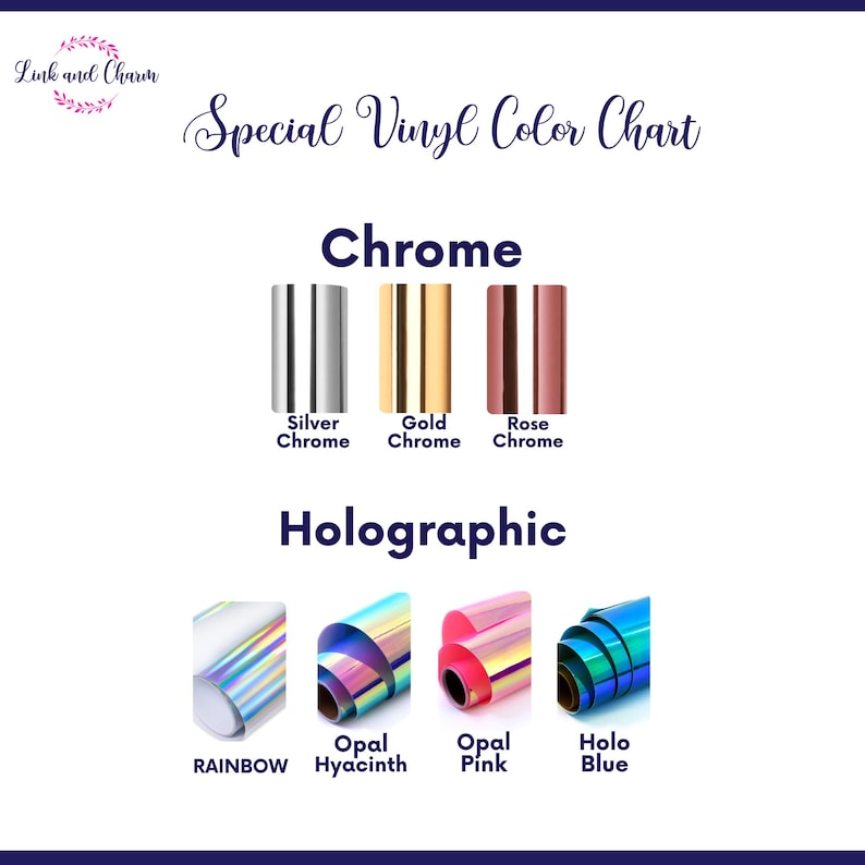 K&ouml;nnte beinhalten: Farbkarte f&uuml;r Spezial-Vinyl mit Chrom- und Hologramm-Oberfl&auml;chen. Chrom-Optionen umfassen Silber, Gold und Rose. Hologramm-Optionen umfassen Regenbogen, Opal-Hyazinthe, Opal-Pink und Holo-Blau.