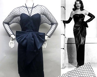 Vintage VICTOR COSTA 80s Dark Navy Blue Dress Lace Dolman Sleeve Sheer Overlay Dramatic BOW PinUp Girl Gilda 1940s Inspired Look Small 4 6