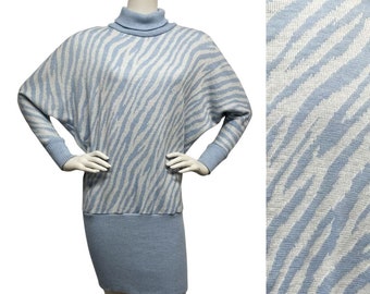 Vintage 1980s Animal Print Tiger Stripe Turtleneck Sweater Dress Dolman Batwing Sleeve Ribbed Skirt New Wave XS S