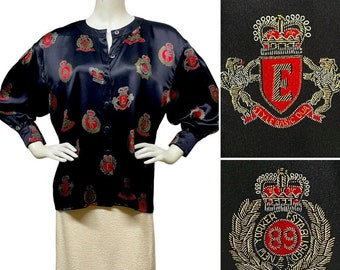ESCADA Margaretha Ley Vintage 1980s 1989 Button Front 100% Silk Blouse Shirt Top Medals Crest Insignia Regalia 40 10 Oversized