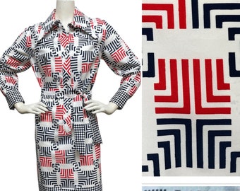 VINTAGE 1970s 70s Lanvin All Over Logo Print Shirt Dress w Matching Sash Belt Plus Size 18 Fits Modern 12 L