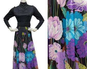 VINTAGE 1970s Floral Mock Cowl Turtle Neck Maxi Dress Hostess Gown Sheer Chiffon Overlay Skirt Vtg 12 Fits 8 M