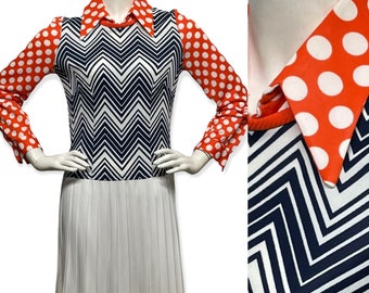 Vintage 1970s 70s Questo of Wilroy Funky Mary Tyler Moore Polka Dot Zigzag Chevron Mixed Print Dress Polyester Mod Quirky Whimsical Medium 8