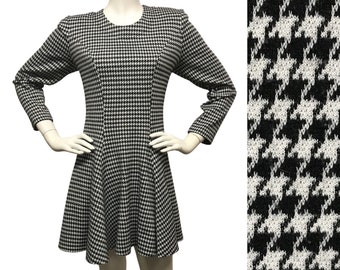Vestido skater ajustado y acampanado de pata de gallo vintage de los años 80 CONTEMPO CASUALS, talla 10/12, negro, blanco, elástico, estilo punk rockero de la nueva ola