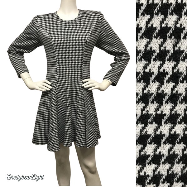 CONTEMPO CASUALS Houndstooth Vintage 1980s Fit & Flare Skater Dress 10 12 Black White Stretchy New Wave Punk Rocker