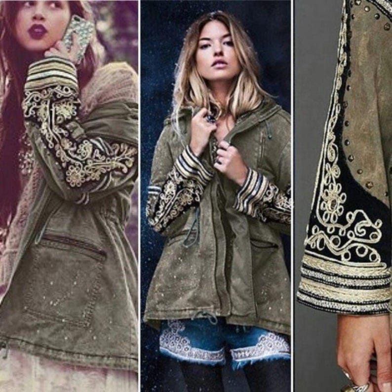 Chaqueta parka militar con plumas doradas y diamantes de imitación verdes de FREE PEOPLE M RARO imagen 3