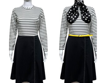 VINTAGE 60s 70s Mod Groovy Black White Polyester Striped Fit & Flare Dress 6 8 S