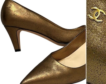 CHANEL CC Logo Metallic Bronze Gold Pointed Toe Pumps Low Heels 39 8.5 9