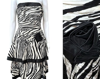 Vintage 1980s A.J. Bari Black White Silk Zebra Animal Print Strapless Dress 8 10