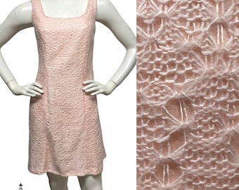 Vintage 80s 90s does 60s Ballet Baby Blush Palest Pink Crochet Knit Open Weave Over Lining Dress Mini Mod Lolita Pockets S XS 2 4
