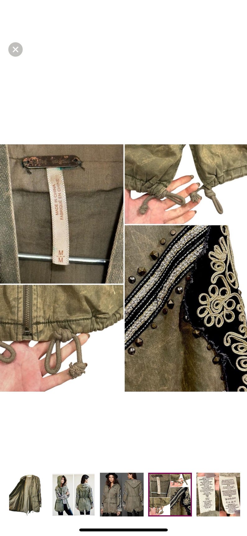 Puede incluir: Una chaqueta verde de estilo militar con cintura de cord&oacute;n y bordados decorativos. La chaqueta tiene cierre de cremallera y capucha. La etiqueta dice "Made in China, Fabrique en Chine" y "M".