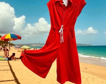 Vintage Red Velour Terry Gaucho Wide Leg Jumpsuit Drawstring Waist S M