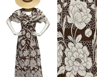 Vestido largo vintage bohemio con estampado floral, estilo años 70, marrón y blanco, talla 46, estilo hippie, estilo cottagecore.