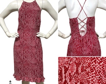 VINTAGE Kay Unger Y2K 2000s Silk Python Snake Animal Print Open Back Lace Up Backless Dress Sex And The City 6 S