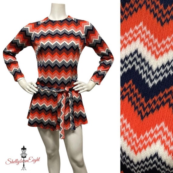 Vintage VTG 60s 70s Mod ZigZag Chevron Orange Blu… - image 1