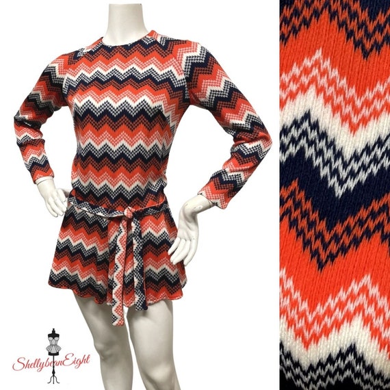 Vintage VTG 60s 70s Mod ZigZag Chevron Orange Blu… - image 2