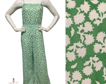 VINTAGE Handmade 70s 80s OOAK Green Polyester Funky Floral Print Spaghetti Strap Jumpsuit Pants Top S M
