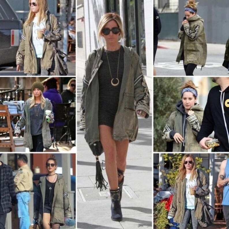 Chaqueta parka militar con plumas doradas y diamantes de imitación verdes de FREE PEOPLE M RARO imagen 6