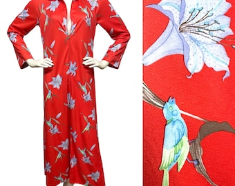 VINTAGE 1970s Handmade One of A Kind Bird & Flower Floral Print Zip Front Tomato Red Caftan Maxi Dress M Boho Chic