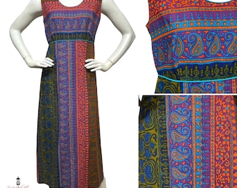 VINTAGE Kai Nani 1970s 70s 60s Hawaiian Bark Cloth Barkcloth Bold Colorful Psychedelic Mixed Print Paisley Midi Dress 16 Fits 10 12 STUNNING