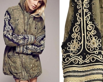 FREE PEOPLE Golden Quills Military Parka Jacket Coat Green Rhinestones M RARE