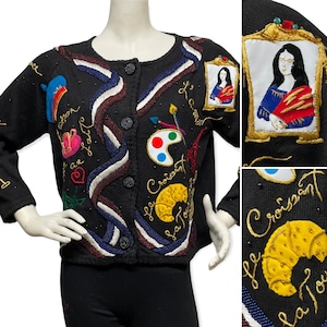 MICHAEL SIMON ヴィンテージ 1994 90年代 Viva la FRANCE フレンチビーズ装飾 刺繍アップリケ カーディガン セーター ボックス型 ミディアム