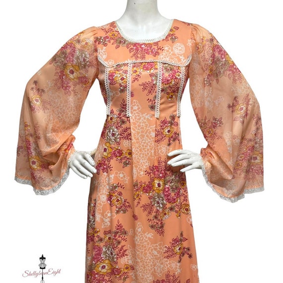 Vintage 1970s 70s Peach Polyester Chiffon Floral … - image 4