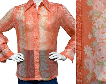 VINTAGE 1970s Dagger Funky Collar Sheer Polyester Chiffon Floral Roses Print Button Down Blouse Shirt Sexy Secretary Cottagecore M