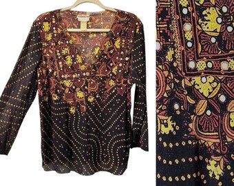 Vivienne Tam Vintage 1990s Black Yellow Floral Boho Print Stretch Mesh Top L XL