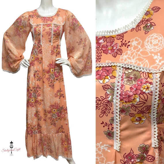 Vintage 1970s 70s Peach Polyester Chiffon Floral … - image 1