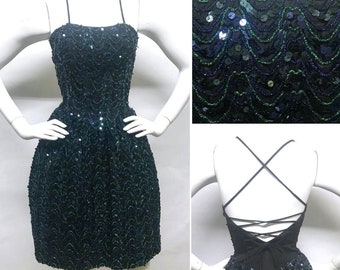 Vestido vintage GUNNE SAX de Jessica McClintock, años 80 y 90, con lentejuelas en negro, azul y verde, para fiesta de graduación, cóctel, ajustado y acampanado, con cordones y espalda abierta, talla XS 0 2