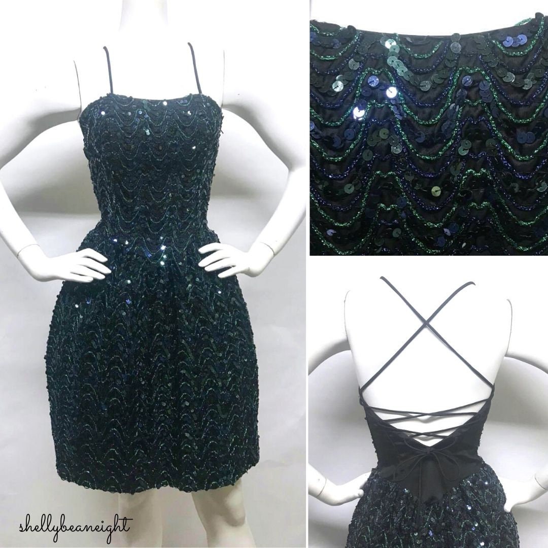Vintage GUNNE SAX Jessica McClintock 1980s 1990s Black Blue Green Sequin Prom Cocktail Party Fit & Flare Dress Lace Up Open Back XS 0 2