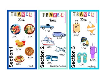 May include: Three colorful cards with the text "TRAVEL Box" on each. Each card has a different theme: Food, Transportation, and Packing. Each card has a list of items with prices next to them.