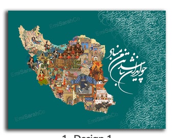 Iran map with Persian miniature and Persian painting | Persian miniature canvas | Persian wall art | Iranian art | Best Quality