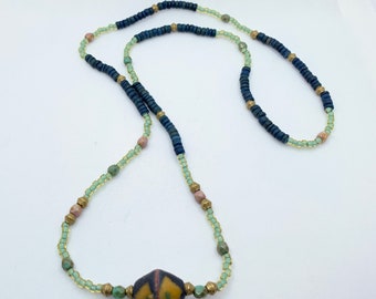 32” Boho Chic Blue and Green Beaded Necklace