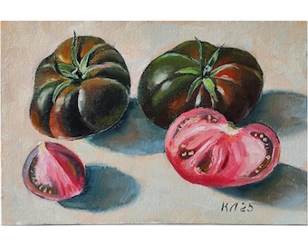 T. Miki 静物画 トマト インテリア 絵画 油絵 トマトの静物画：オリジナルの油絵またはキッチンアートプリント