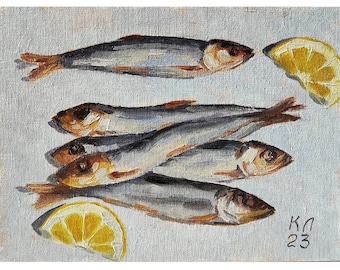 fish small oil painting, canvas board 7 X 9.84 in, food still life