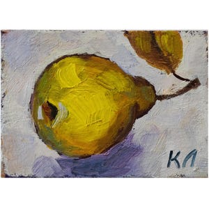 Cartão ACEO, Pêra, pintura a óleo ACEO, pintura a óleo de frutas 2,5 x 3,5 pol., pequena obra de arte de pêra amarela, natureza morta