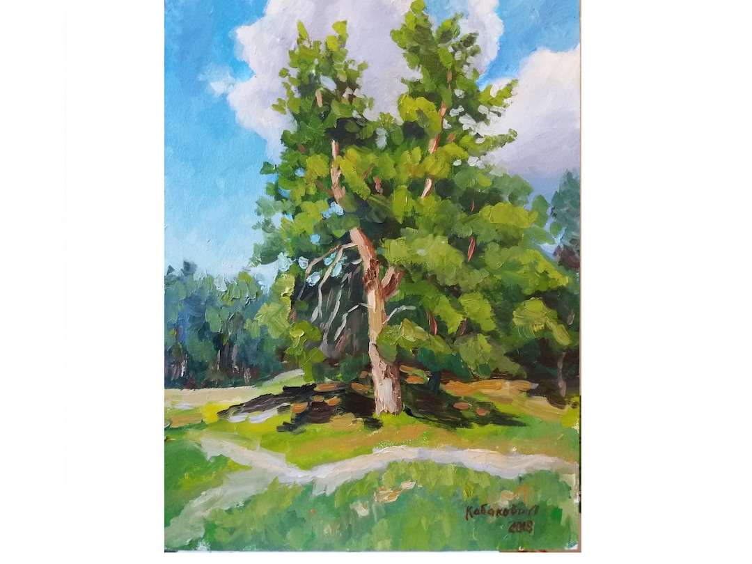 オリジナル油絵、松の木の風景、段ボール 11.8 x 15.4 インチ - Etsy 日本