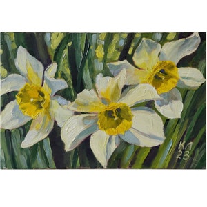 Pintura a óleo de flor de narciso, paisagem floral, obra de arte de narciso, decoração de casa, óleo sobre papelão 7,8 X 11,8 pol., Artista ucraniano L. Kabakova