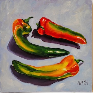 Peperolieverfschilderij, stilleven van rode en groene paprika, decor voor keuken, 9,8 x 9,8 op karton