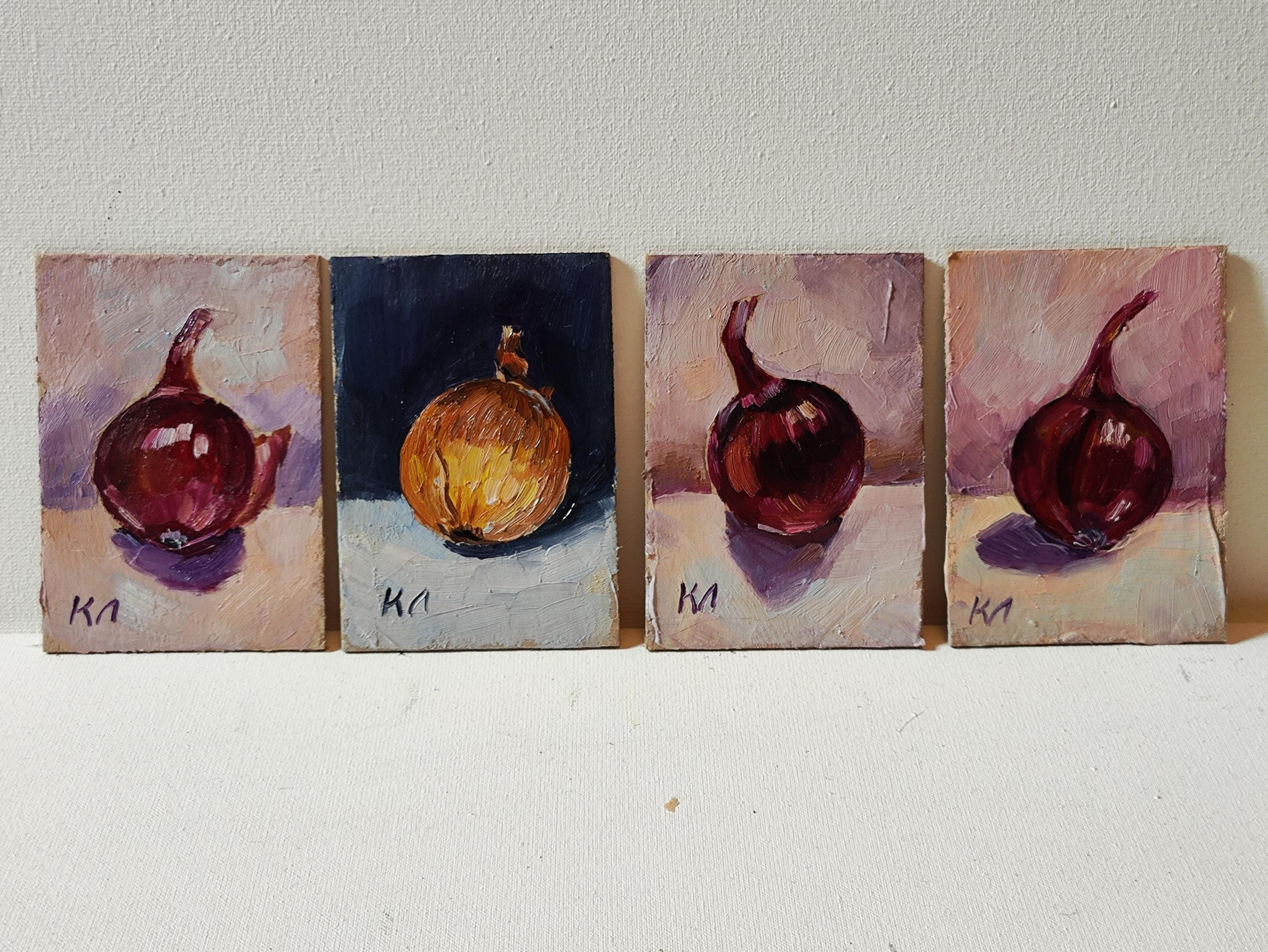 タマネギの静物画：ACEO 油絵、キッチン装飾（2.5 x 3.5 インチ