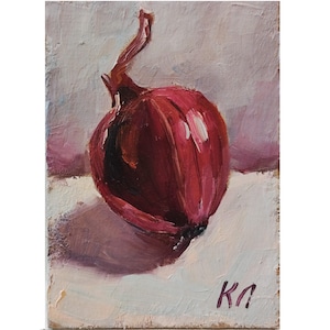 Pintura al óleo de ACEO, cebolla roja, naturaleza muerta de cebolla, 2,5 x 3,5 pulgadas, tarjeta ACEO, pintura pequeña, decoración para la cocina