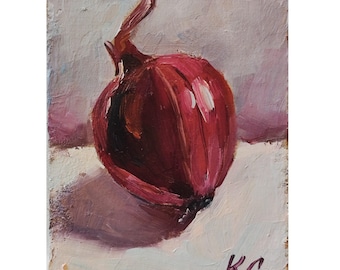 Red Onion Oil Painting: ACEO Still Life Miniature (2.5 x 3.5 in)