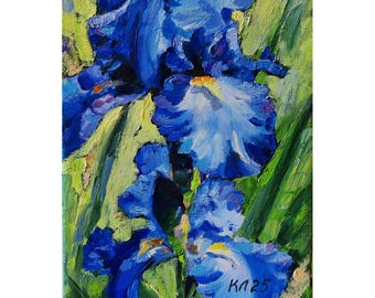 Blue Iris Oil Painting: Floral Landscape on Stretched Canvas (11.8 x 7.87 in)