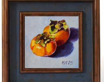 Pintura al óleo de caqui: Bodegón de frutas pequeñas, decoración de cocina (15 x 15 cm)